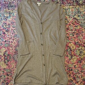 Beige Ribbed Button-Up Cardigan Duster